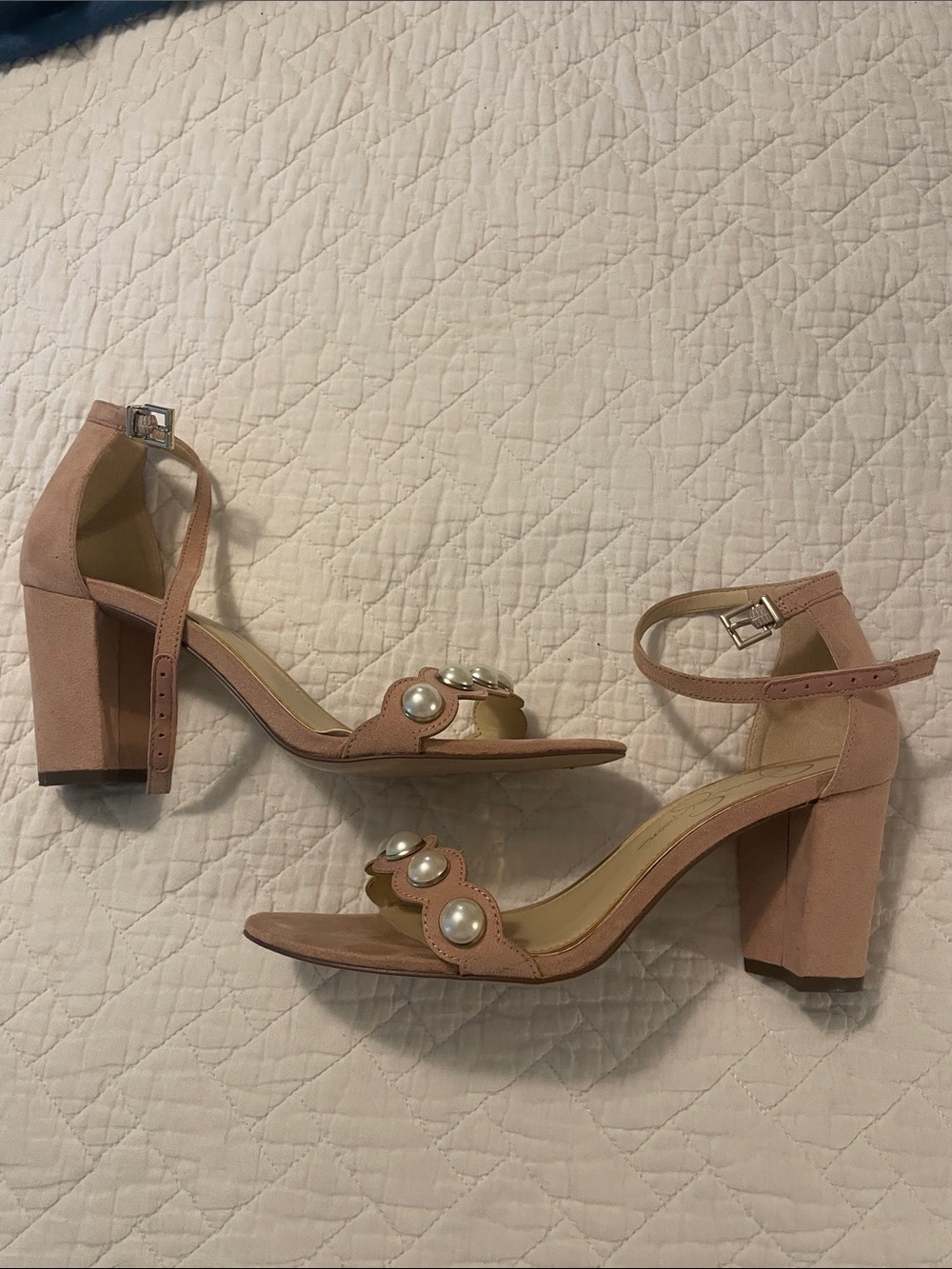 Jessica Simpson Blush Pearl Accent Ankle-Strap Block Heels
